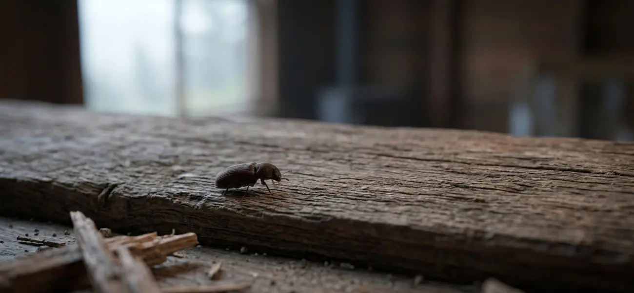 A Deathwatch Beetle walks along a wooden surface in a Humboldt home