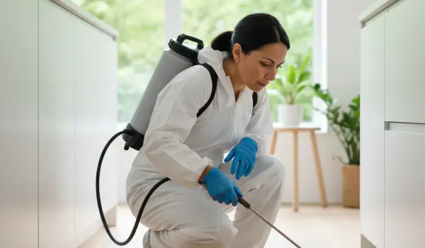 A Humboldt Termite & Pest Control technician applying pest treatment to an office