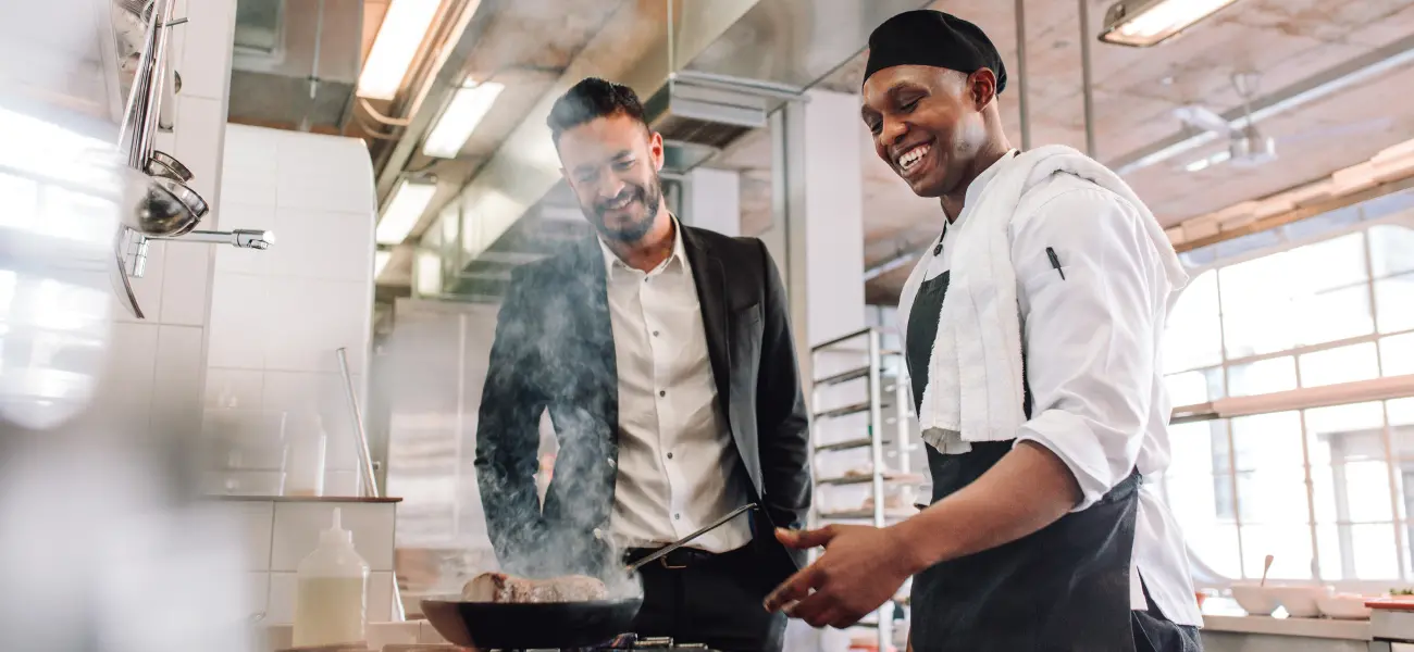 A chef and a restaurant manager in the kitchen. Humboldt Termite & Pest Control offers commercial pest control for restaurants, food trucks, and food providers.
