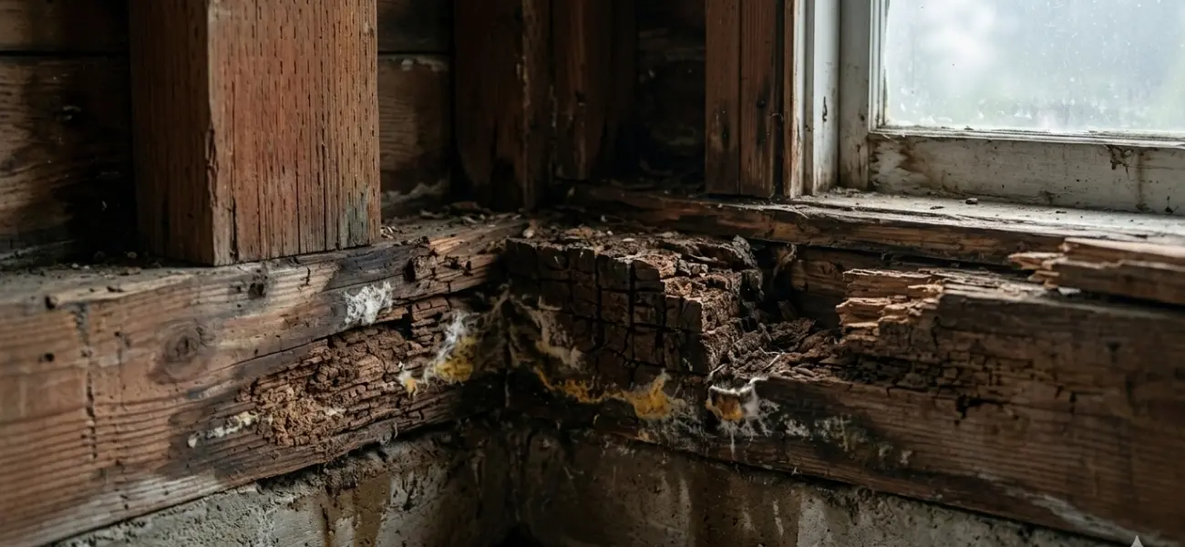 A basement window with severely damaged wood rot. Call the fungi control experts at Humboldt Termite & Pest Control if you find rot in your home or business.