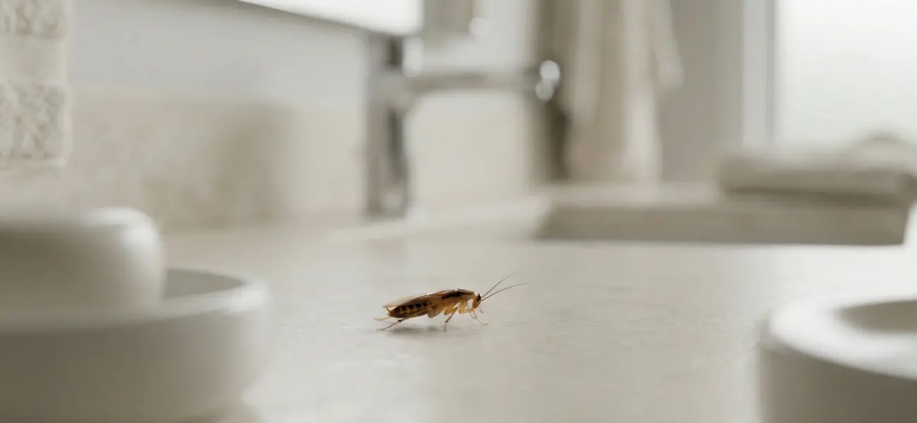 A brown banded cockroach crawling on a bathroom counter. Call Humboldt Termite & Pest Control if you find cockroaches in your home or business.