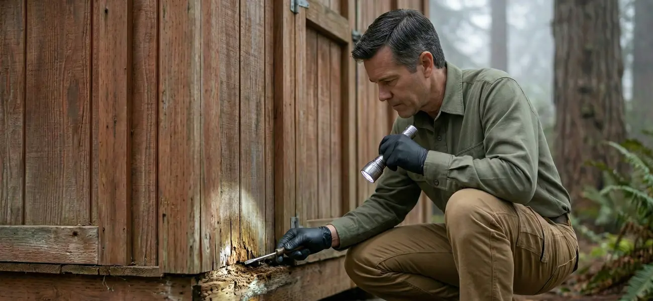 A Humboldt Termite & Pest Control technician inspects a shed with rot.