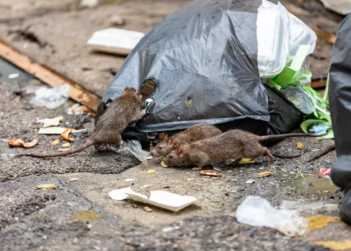 Norway rats digging through a garbage bag in search of food.