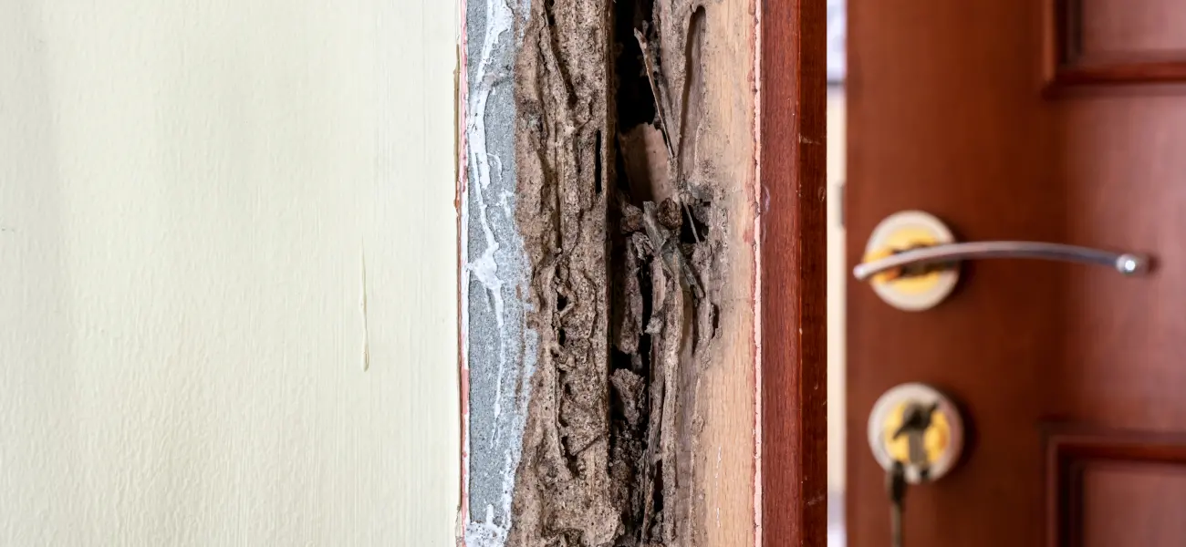Termite damage near the front door of an Arcata home. Regular termite inspections from Humboldt Termite & Pest Control can prevent termites from destroying your home or business.