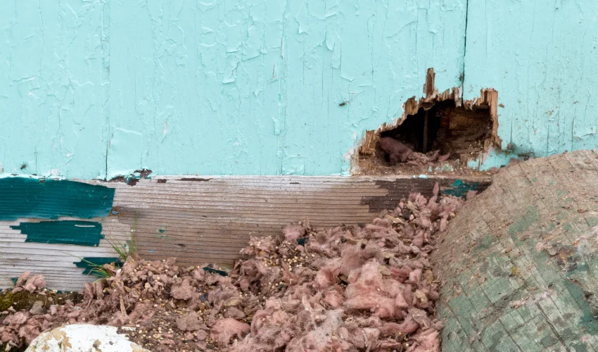 Hole on the outside wall of a residential building, showing signs of local rodent activity.