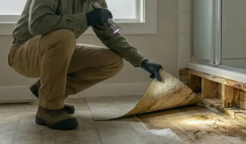 A pest control technician pulling back bathroom flooring to reveal rot. Call Humboldt Termite & Pest Control if you need help with moisture control.