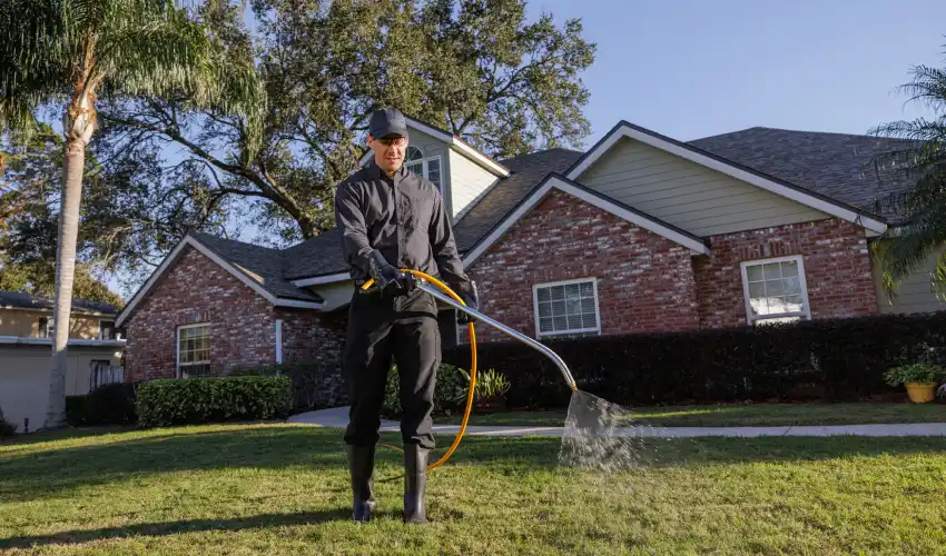 A pest control technician treating a lawn. If you need help getting rid of unwanted pests from your yard, call Humboldt Termite & Pest Control.