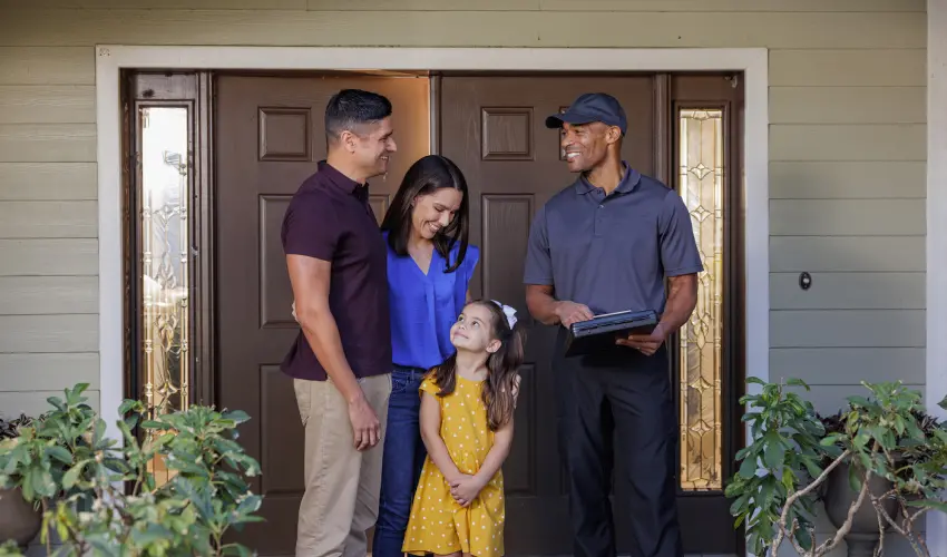 A pest control technician reviews a service quote with a happy family. Call Humboldt Termite & Pest Control to get a pest control estimate today.