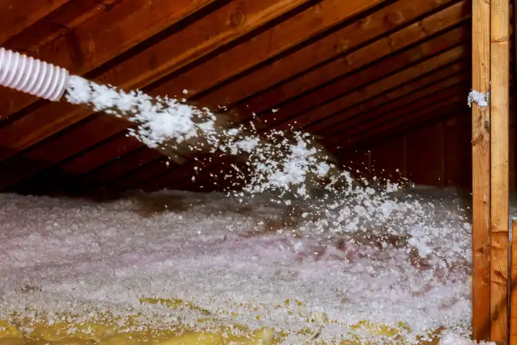 A flexible hose spraying loose-fill blown-in insulation across an attic space beneath wooden roof rafters.